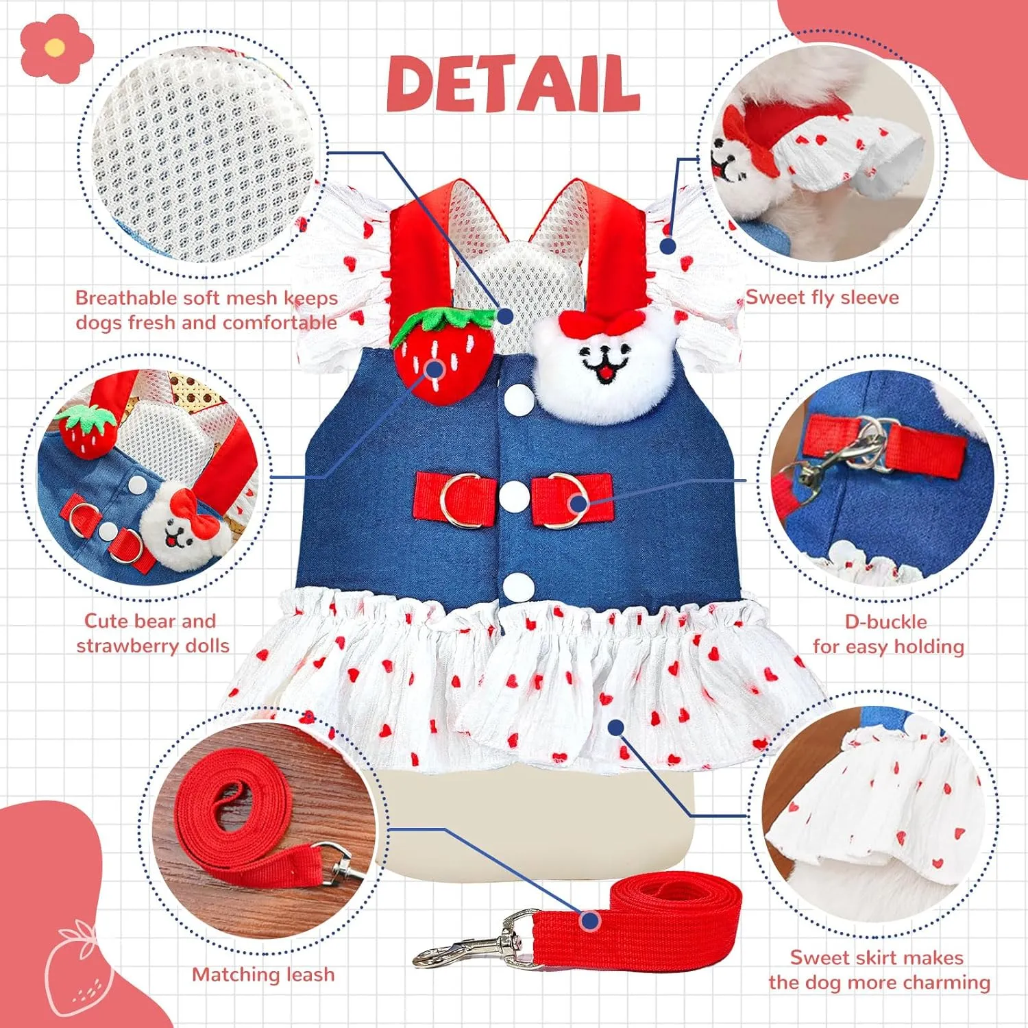 Small Dog Harness and Leash Set Denim Cat Harness Dress for Girl Puppy Clothes for Girls Pink Dog Birthday Dress French Bulldog Harness with Strawberry Bear Decoration