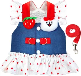 Small Dog Harness and Leash Set Denim Cat Harness Dress for Girl Puppy Clothes for Girls Pink Dog Birthday Dress French Bulldog Harness with Strawberry Bear Decoration