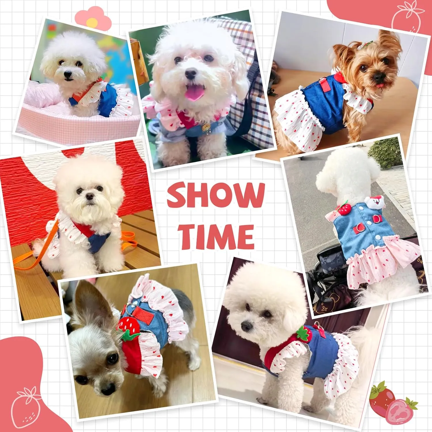 Small Dog Harness and Leash Set Denim Cat Harness Dress for Girl Puppy Clothes for Girls Pink Dog Birthday Dress French Bulldog Harness with Strawberry Bear Decoration