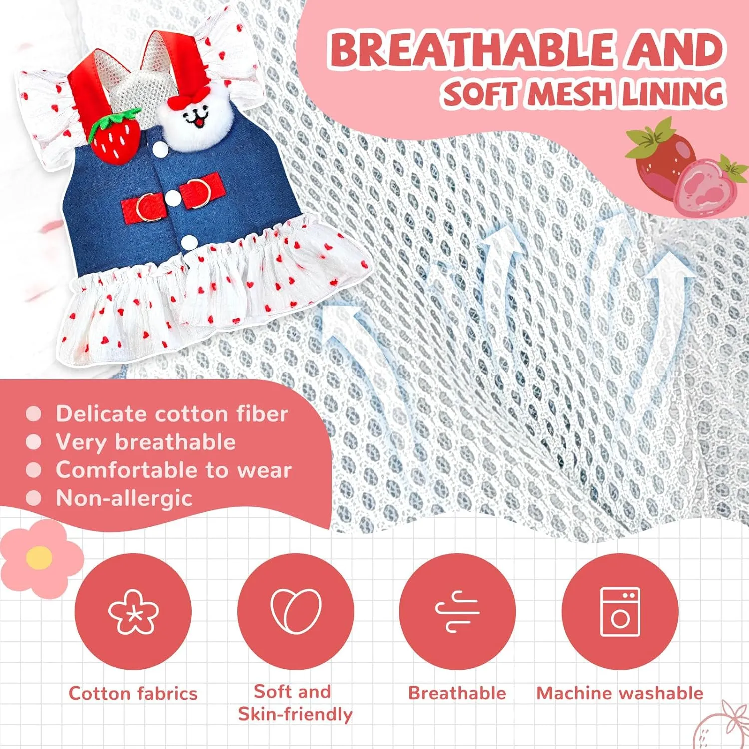 Small Dog Harness and Leash Set Denim Cat Harness Dress for Girl Puppy Clothes for Girls Pink Dog Birthday Dress French Bulldog Harness with Strawberry Bear Decoration