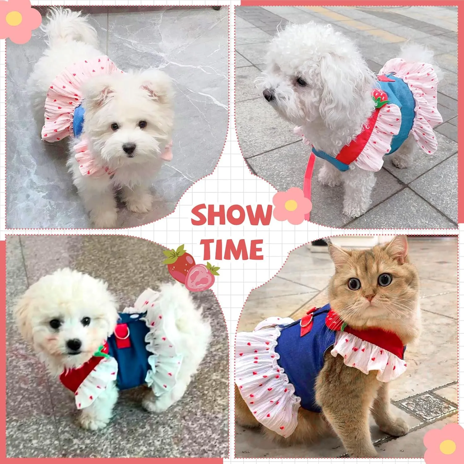 Small Dog Harness and Leash Set Denim Cat Harness Dress for Girl Puppy Clothes for Girls Pink Dog Birthday Dress French Bulldog Harness with Strawberry Bear Decoration