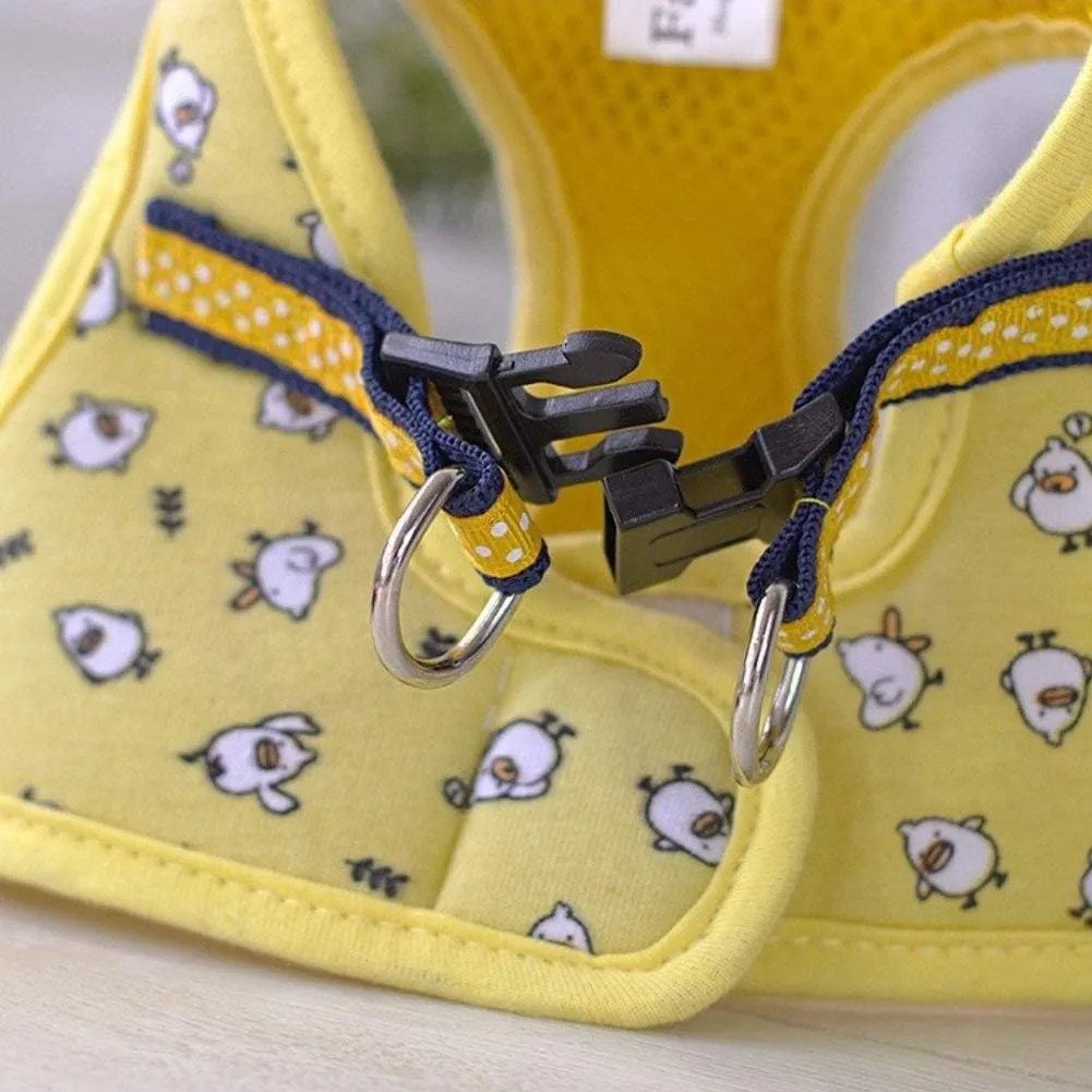 Small Pet Summer Spring Cute Cartoon Harness Vest and Matching Polka Dots Lead Leash Set Breathable Soft Mesh Padded Adjustable Chest Strap Hareness for Puppy Kitten Small Animal, Yellow