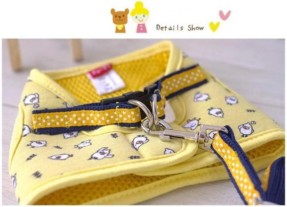 Small Pet Summer Spring Cute Cartoon Harness Vest and Matching Polka Dots Lead Leash Set Breathable Soft Mesh Padded Adjustable Chest Strap Hareness for Puppy Kitten Small Animal, Yellow