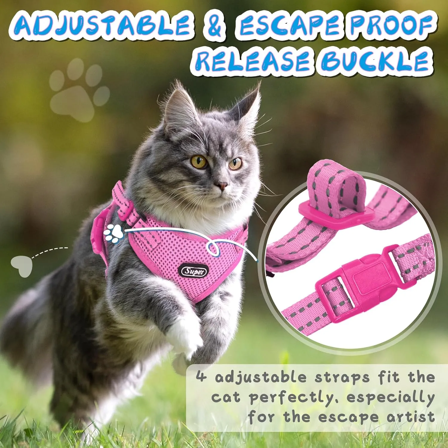 Supet Cat Harness and Leash Set for Small to Large Cats Adjustable Cat Vest Harness with Reflective Trim Universal Cat Leash and Harness for Cats/Puppies Outdoor Walking