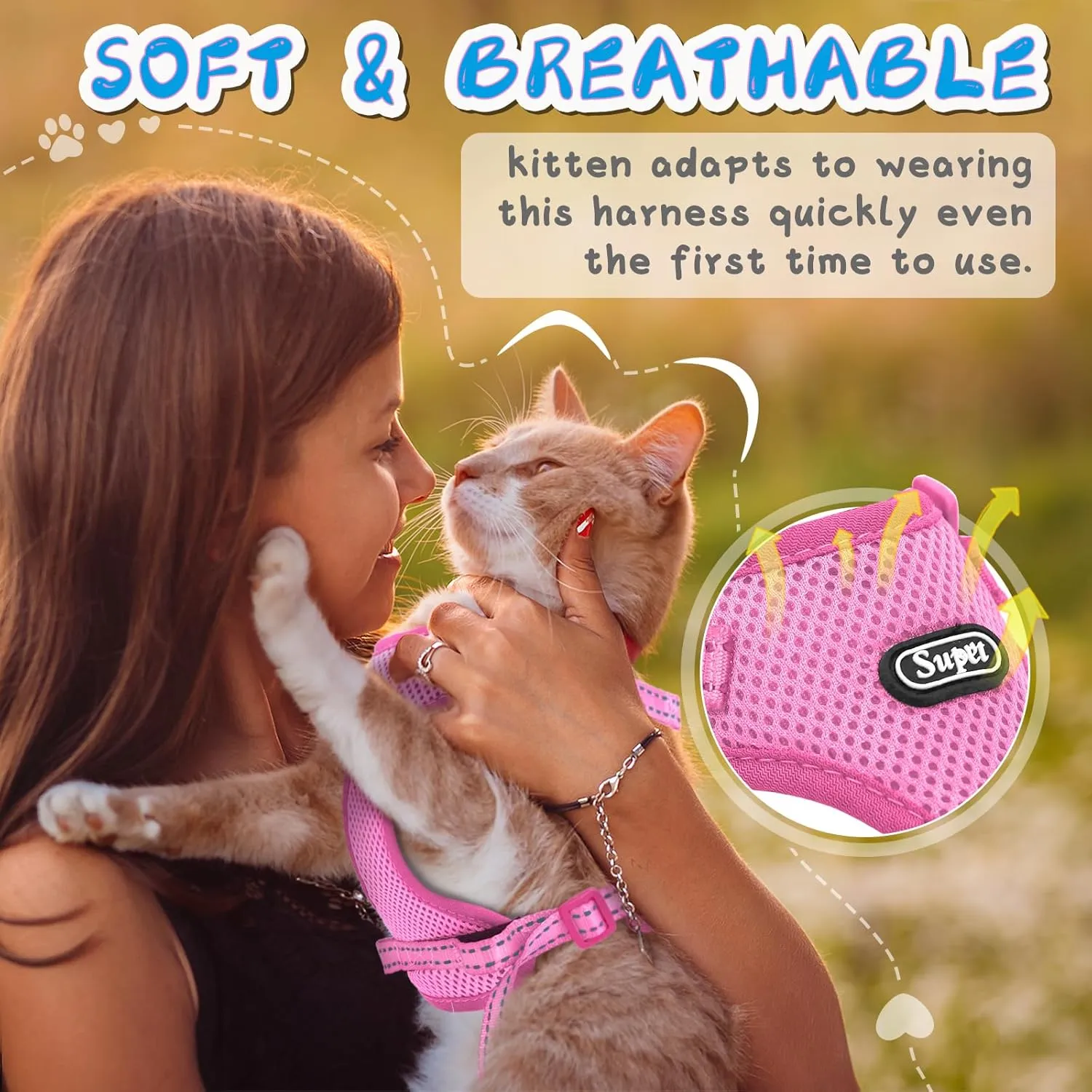 Supet Cat Harness and Leash Set for Small to Large Cats Adjustable Cat Vest Harness with Reflective Trim Universal Cat Leash and Harness for Cats/Puppies Outdoor Walking