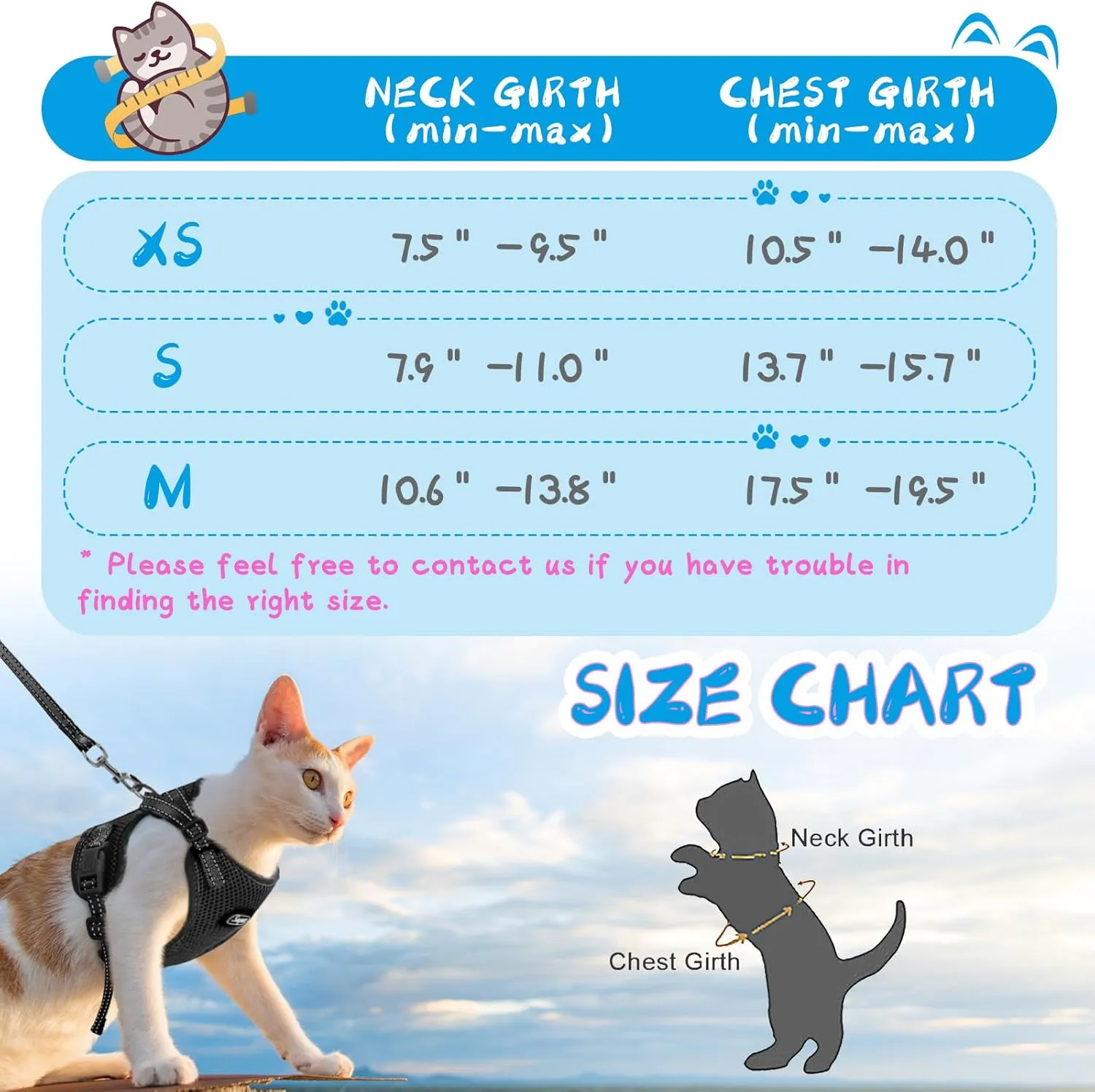 Supet Cat Harness and Leash Set for Small to Large Cats Adjustable Cat Vest Harness with Reflective Trim Universal Cat Leash and Harness for Cats/Puppies Outdoor Walking
