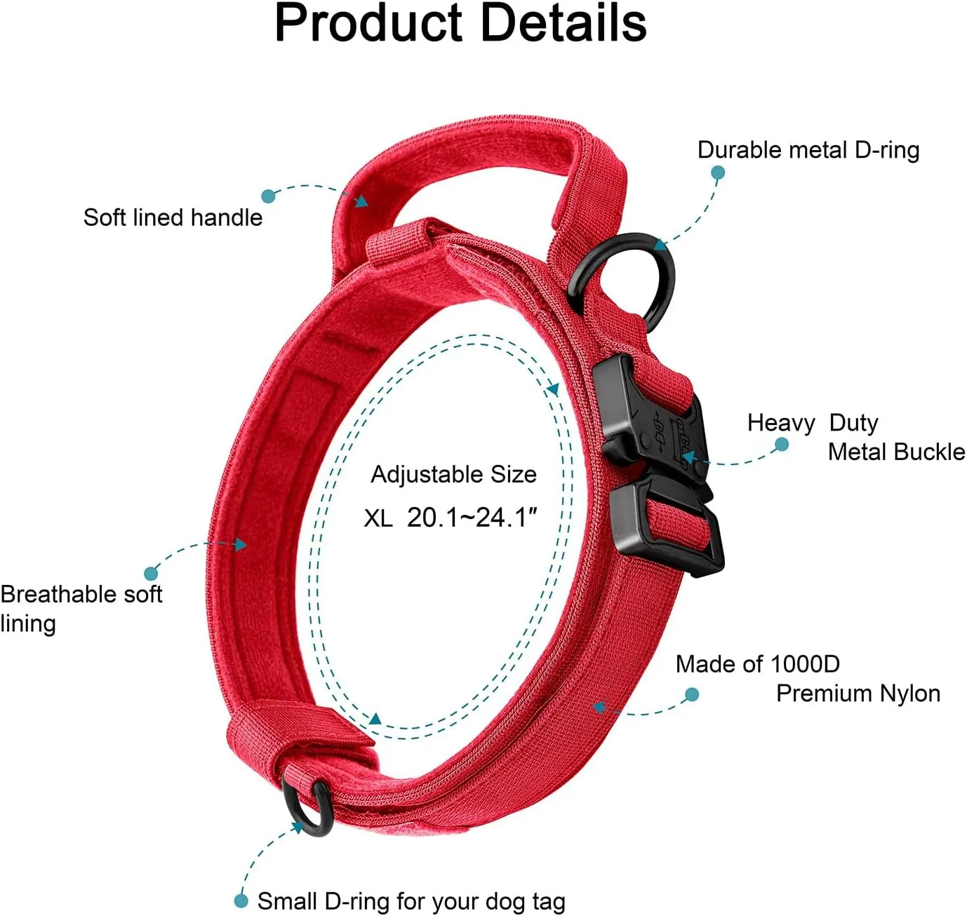 Tactical Dog Collar Adjustable Military Collar: - Nylon K9 Collars with Handle and Heavy Duty Metal Buckle for Medium and Large Dogs with 3 Patches and Airtag Case Holder (Red-Set, XL)