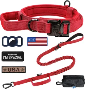 Tactical Dog Collar Adjustable Military Collar: - Nylon K9 Collars with Handle and Heavy Duty Metal Buckle for Medium and Large Dogs with 3 Patches and Airtag Case Holder (Red-Set, XL)