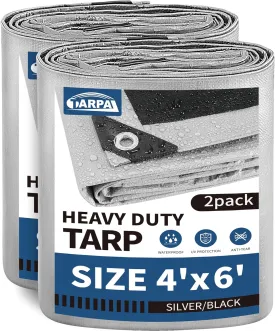 TARPAL Small Tarps 4x6 Feet(2-Pack) Heavy Duty Tarp 10.5Mil Multipurpose Protective Cover Waterproof,Snow or UV Protection,Durable Reinforced Edges,Silver/Black