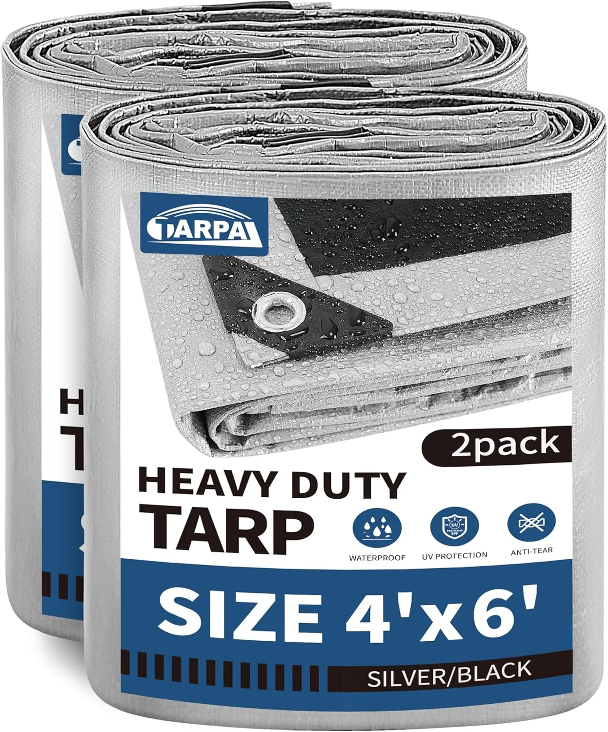 TARPAL Small Tarps 4x6 Feet(2-Pack) Heavy Duty Tarp 10.5Mil Multipurpose Protective Cover Waterproof,Snow or UV Protection,Durable Reinforced Edges,Silver/Black