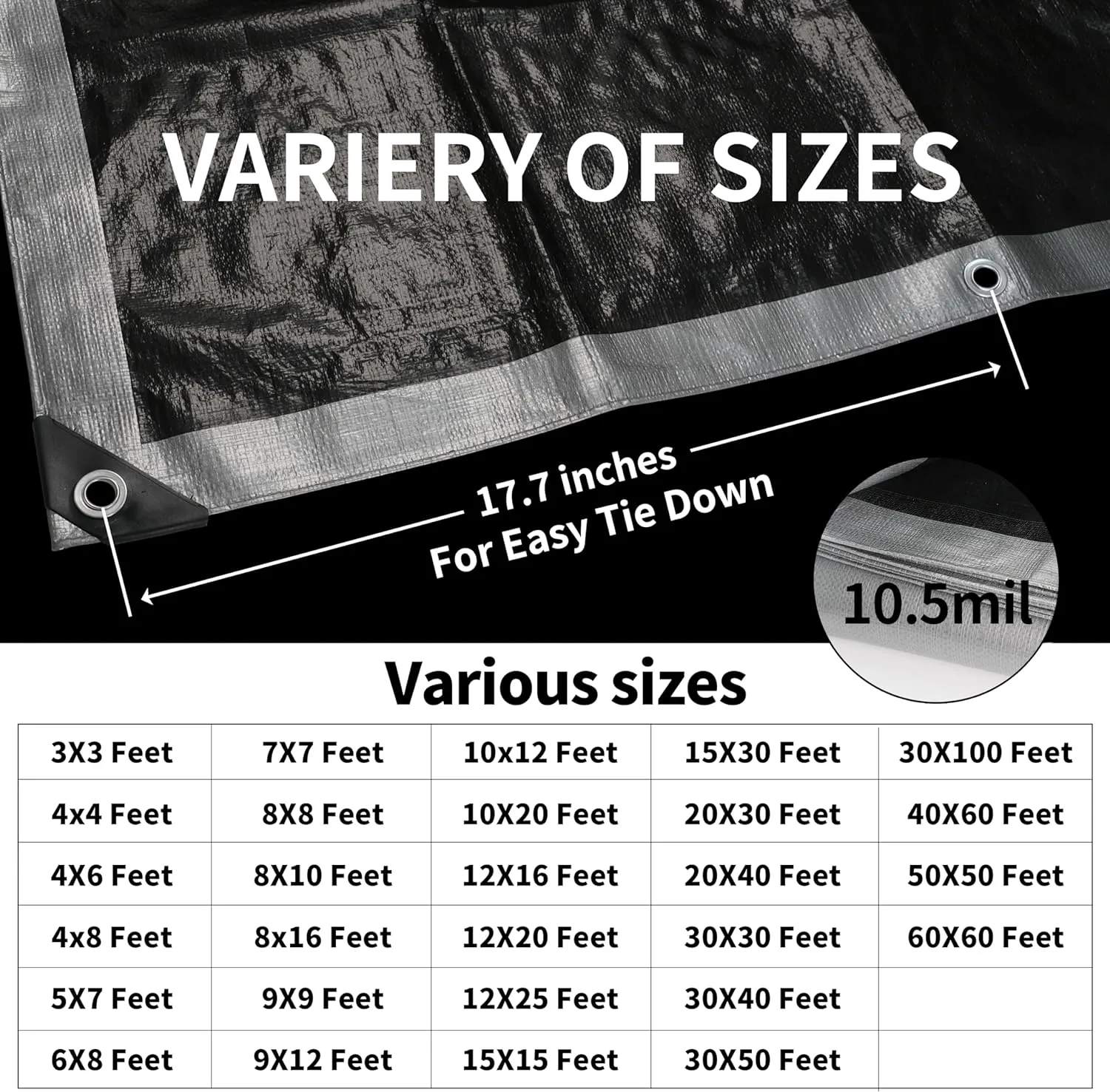TARPAL Small Tarps 4x6 Feet(2-Pack) Heavy Duty Tarp 10.5Mil Multipurpose Protective Cover Waterproof,Snow or UV Protection,Durable Reinforced Edges,Silver/Black