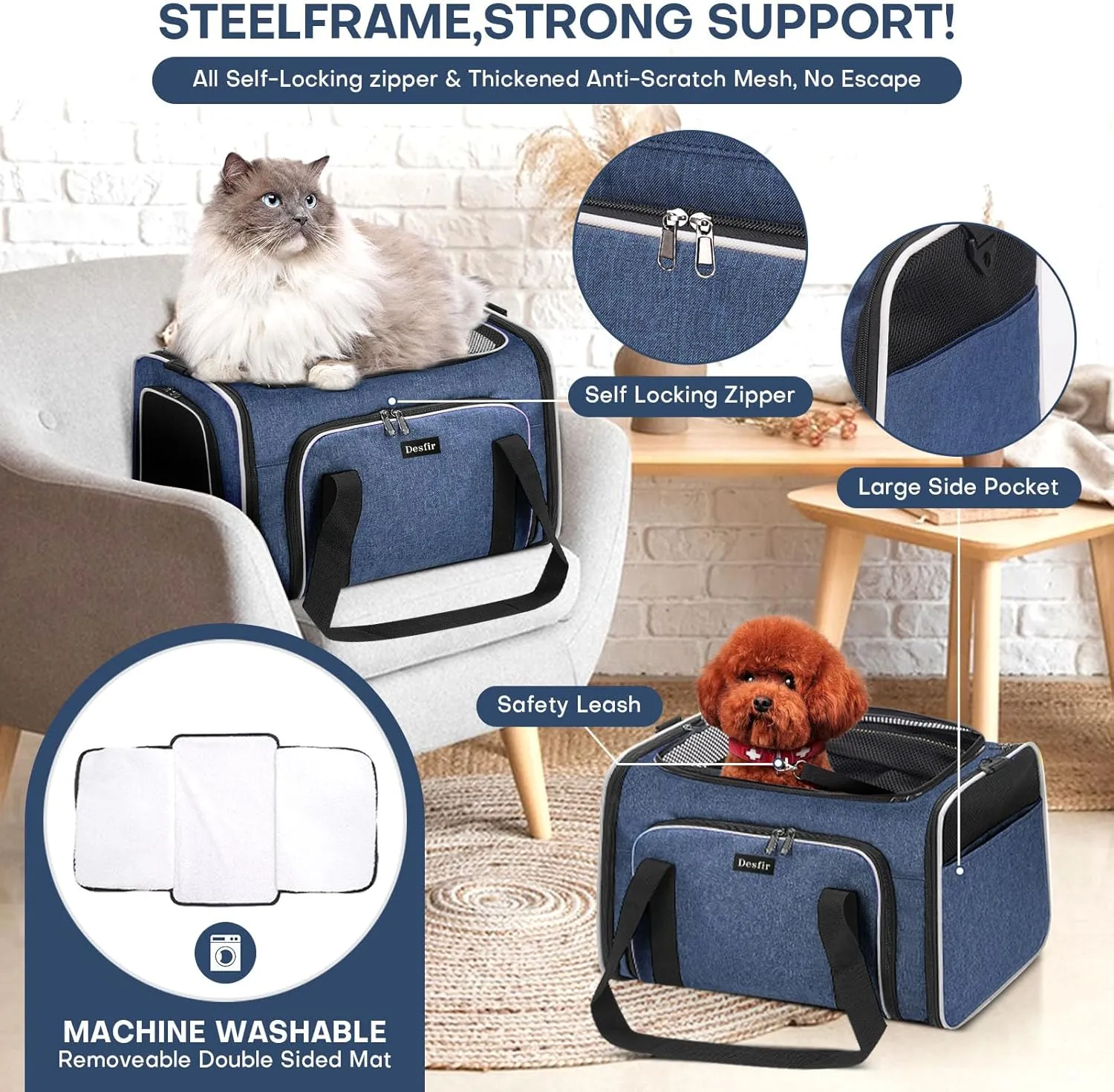 Travel Cat Dog Carrier for Puppies up to 15 Lbs-Airline Approved Expandable Soft - Sided Pet Carriers with Removable Fleece Pad & Collapsible,Secure Storage