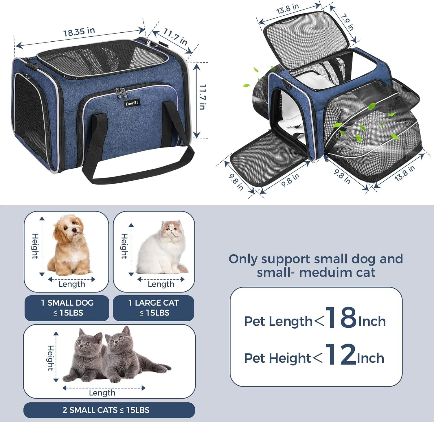 Travel Cat Dog Carrier for Puppies up to 15 Lbs-Airline Approved Expandable Soft - Sided Pet Carriers with Removable Fleece Pad & Collapsible,Secure Storage