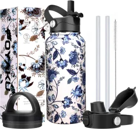 Water Bottle Insulated 32oz 40oz 64oz 128oz Straw Lid Spout Lid & 3 Lids, Leak Proof, Vacuum Insulated,Stainless Steel Water Bottle Wide Mouth for Sports, Gym or Office